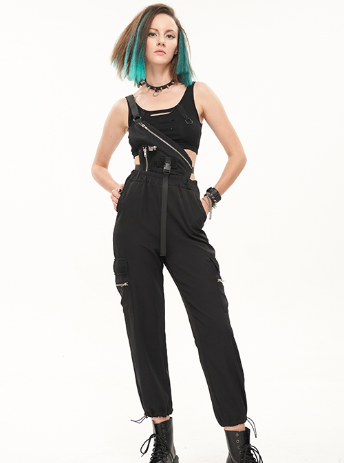 Punk Style Daily Multi Pocket With Skull Decoration Asymmetric Women's Black Strap Pants