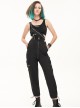 Punk Style Daily Multi Pocket With Skull Decoration Asymmetric Women's Black Strap Pants