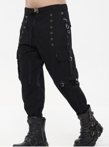 Punk Style Comfortable Cotton And Linen Woven Fabric Side Large Pockets With Chain Decoration Men's Black Loose Pants