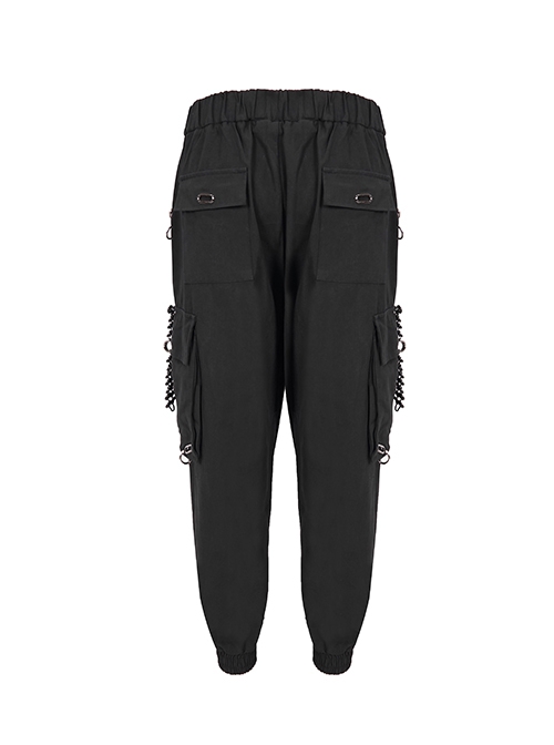 Punk Style Comfortable Cotton And Linen Woven Fabric Side Large Pockets With Chain Decoration Men's Black Loose Pants