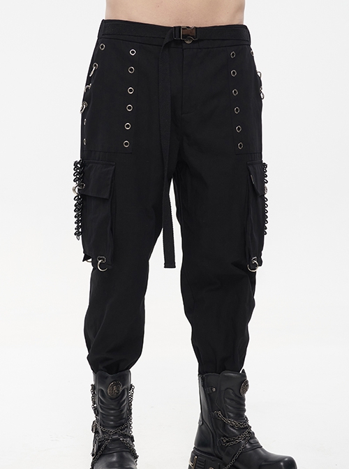 Punk Style Comfortable Cotton And Linen Woven Fabric Side Large Pockets With Chain Decoration Men's Black Loose Pants