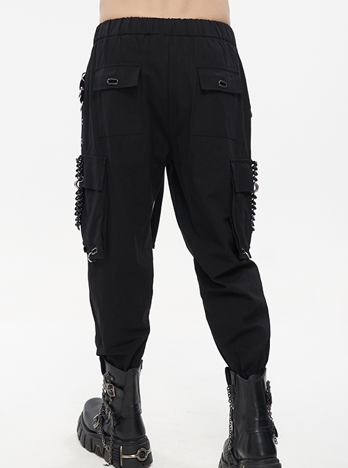 Punk Style Comfortable Cotton And Linen Woven Fabric Side Large Pockets With Chain Decoration Men's Black Loose Pants