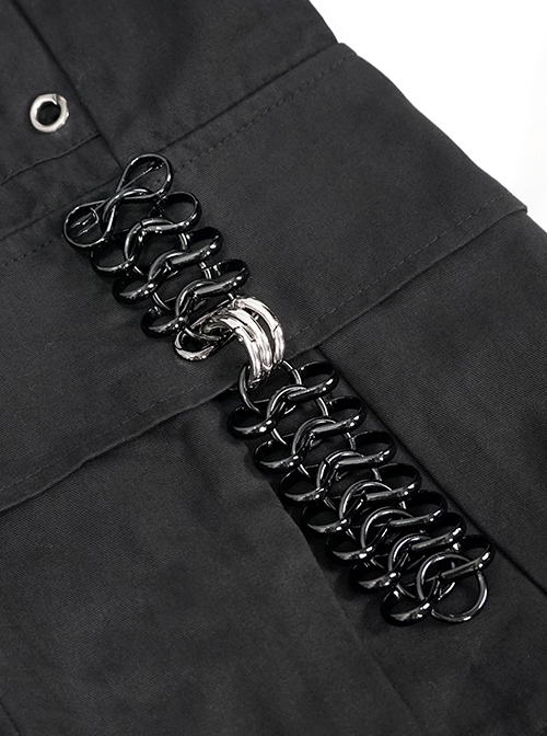 Punk Style Comfortable Cotton And Linen Woven Fabric Side Large Pockets With Chain Decoration Men's Black Loose Pants