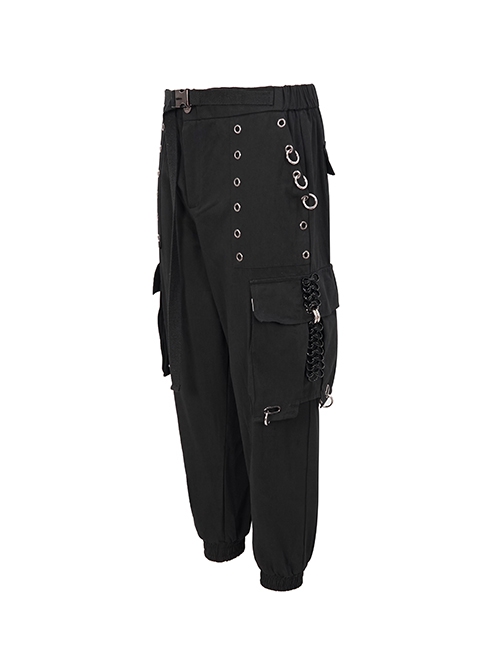 Punk Style Comfortable Cotton And Linen Woven Fabric Side Large Pockets With Chain Decoration Men's Black Loose Pants