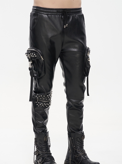 Punk Style Shiny Stretch Leather Side Three-Dimensional Pockets With Metal Rivets Decorated Black Pants