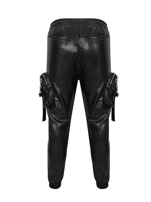 Punk Style Shiny Stretch Leather Side Three-Dimensional Pockets With Metal Rivets Decorated Black Pants