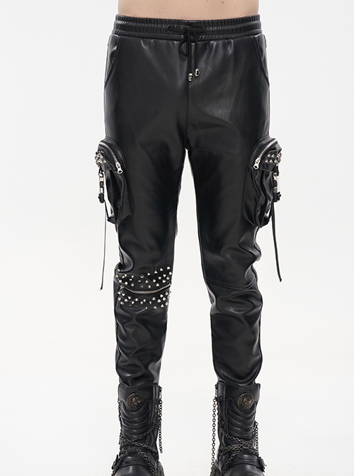 Punk Style Shiny Stretch Leather Side Three-Dimensional Pockets With Metal Rivets Decorated Black Pants