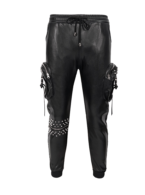 Punk Style Shiny Stretch Leather Side Three-Dimensional Pockets With Metal Rivets Decorated Black Pants