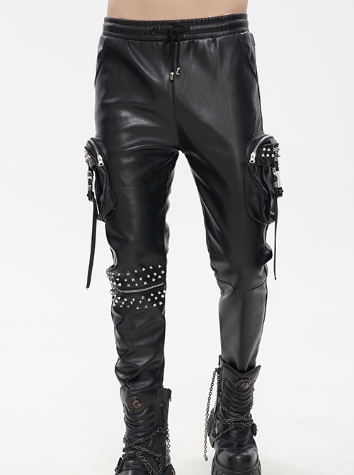 Punk Style Shiny Stretch Leather Side Three-Dimensional Pockets With Metal Rivets Decorated Black Pants