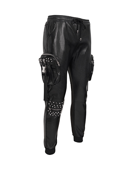 Punk Style Shiny Stretch Leather Side Three-Dimensional Pockets With Metal Rivets Decorated Black Pants