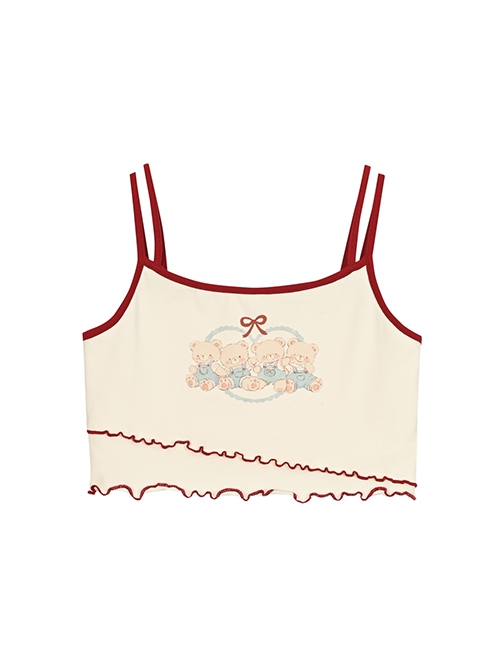 Summer Cute American Retro Apricot Cartoon Bear Print Sexy Hottie Kawaii Fashion Sleeveless Camisole