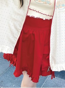 Summer Cute American Retro Red Sexy Hottie Pocket Ribbon Bowknot Kawaii Fashion High Waist Versatile Skirt