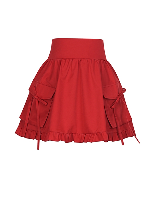 Summer Cute American Retro Red Sexy Hottie Pocket Ribbon Bowknot Kawaii Fashion High Waist Versatile Skirt