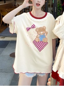 Summer Cute Plush Cartoon Bear Apricot Lace Round Neck Sweet Red Plaid Kawaii Fashion Short Sleeves Shirt