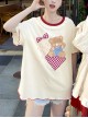 Summer Cute Plush Cartoon Bear Apricot Lace Round Neck Sweet Red Plaid Kawaii Fashion Short Sleeves Shirt