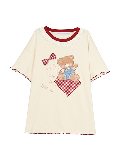 Summer Cute Plush Cartoon Bear Apricot Lace Round Neck Sweet Red Plaid Kawaii Fashion Short Sleeves Shirt