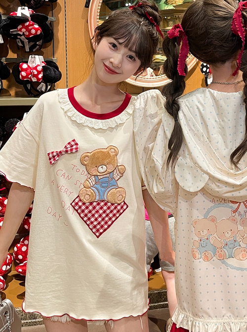 Summer Cute Plush Cartoon Bear Apricot Lace Round Neck Sweet Red Plaid Kawaii Fashion Short Sleeves Shirt