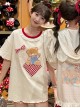 Summer Cute Plush Cartoon Bear Apricot Lace Round Neck Sweet Red Plaid Kawaii Fashion Short Sleeves Shirt