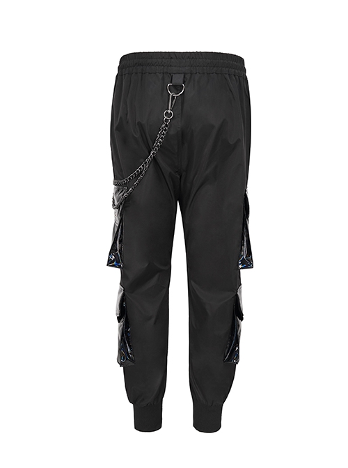 Punk Style Windproof Braided Side Metal Zipper With Accordion Leather Bag Black Simple Pants