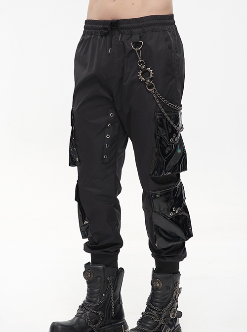 Punk Style Windproof Braided Side Metal Zipper With Accordion Leather Bag Black Simple Pants