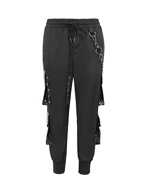 Punk Style Windproof Braided Side Metal Zipper With Accordion Leather Bag Black Simple Pants