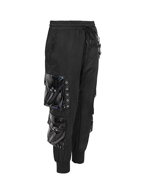 Punk Style Windproof Braided Side Metal Zipper With Accordion Leather Bag Black Simple Pants