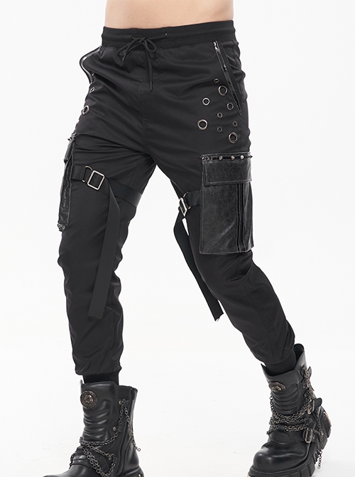 Punk Style Windproof Woven Side Imitation Leather Three-Dimensional Pockets Spliced ​​Metal Leg Rings Decorated Black Simple Pants