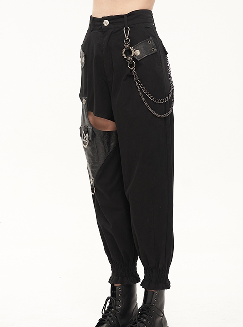 Punk Style Asymmetric Hollow Detachable Metal Five-Pointed Star Chain Decorated Black Leather Pants