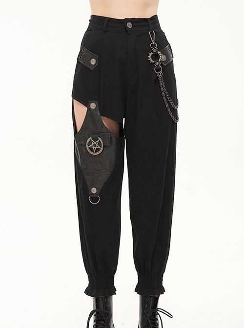 Punk Style Asymmetric Hollow Detachable Metal Five-Pointed Star Chain Decorated Black Leather Pants