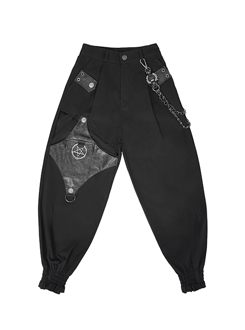 Punk Style Asymmetric Hollow Detachable Metal Five-Pointed Star Chain Decorated Black Leather Pants