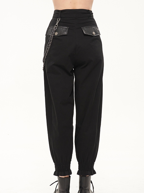 Punk Style Asymmetric Hollow Detachable Metal Five-Pointed Star Chain Decorated Black Leather Pants