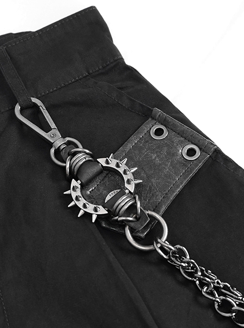 Punk Style Asymmetric Hollow Detachable Metal Five-Pointed Star Chain Decorated Black Leather Pants