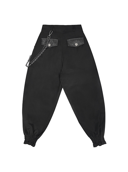 Punk Style Asymmetric Hollow Detachable Metal Five-Pointed Star Chain Decorated Black Leather Pants