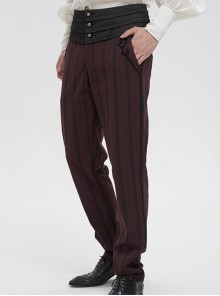 Gothic Retro Vertical Stripes Stitching Three Dimensional Jacquard Mid High Waist Wine Red Men's Trousers