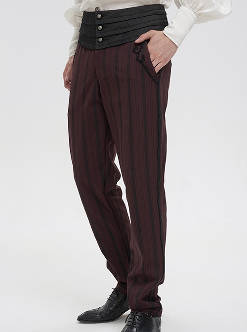 Gothic Retro Vertical Stripes Stitching Three Dimensional Jacquard Mid High Waist Wine Red Men's Trousers