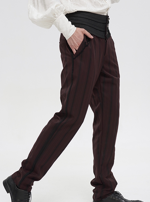 Gothic Retro Vertical Stripes Stitching Three Dimensional Jacquard Mid High Waist Wine Red Men's Trousers