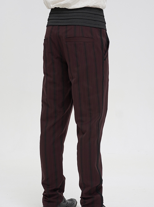 Gothic Retro Vertical Stripes Stitching Three Dimensional Jacquard Mid High Waist Wine Red Men's Trousers