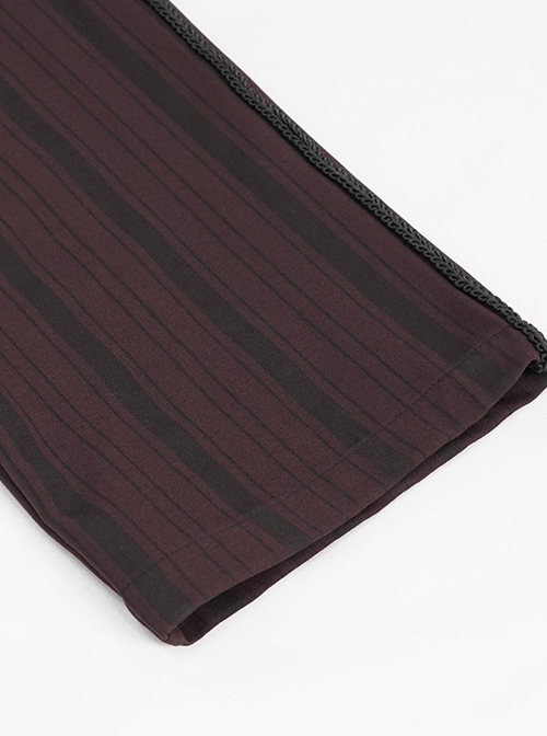 Gothic Retro Vertical Stripes Stitching Three Dimensional Jacquard Mid High Waist Wine Red Men's Trousers