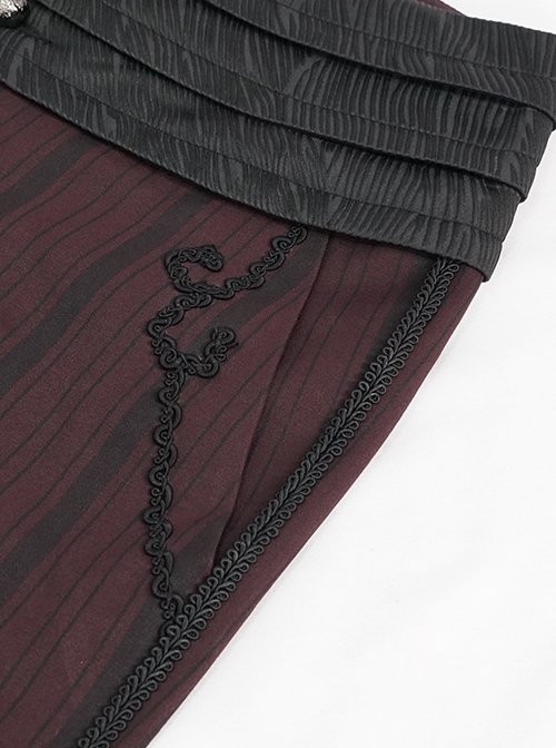 Gothic Retro Vertical Stripes Stitching Three Dimensional Jacquard Mid High Waist Wine Red Men's Trousers