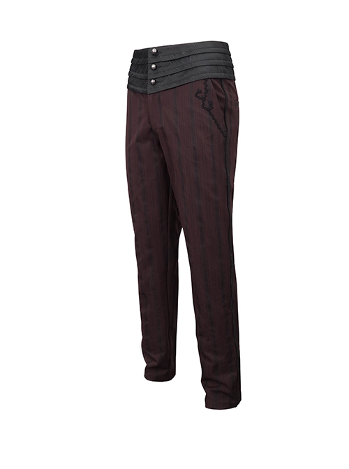 Gothic Retro Vertical Stripes Stitching Three Dimensional Jacquard Mid High Waist Wine Red Men's Trousers