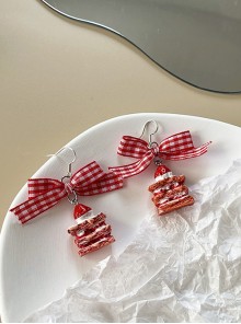 Red Plaid Ribbon Bowknot Cute Cream Strawberries Kawaii Fashion Strawberry Cake Silver Ear Hooks Earrings