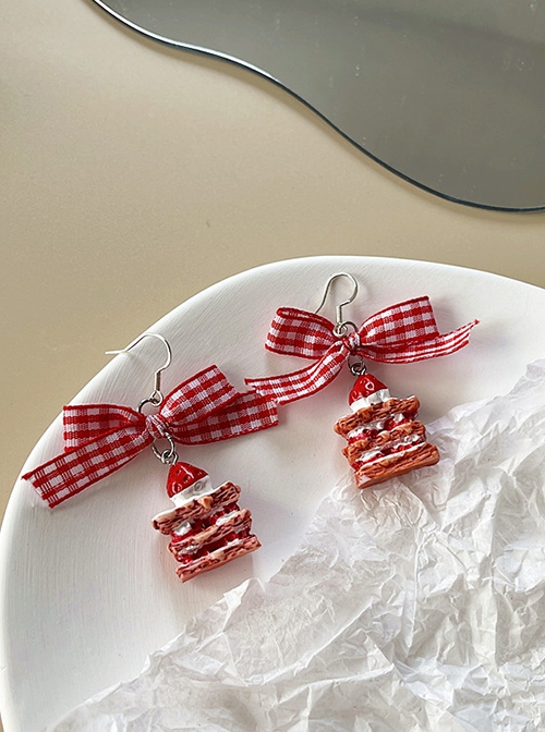 Red Plaid Ribbon Bowknot Cute Cream Strawberries Kawaii Fashion Strawberry Cake Silver Ear Hooks Earrings