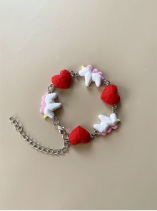 Japanese Harajuku Style Cartoon Cutting 3D Red Heart Shape Unicorn Kawaii Fashion Soft Girl Bracelet