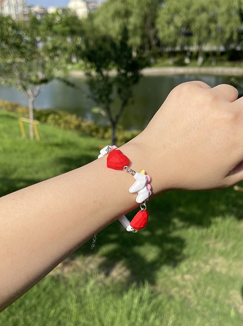 Japanese Harajuku Style Cartoon Cutting 3D Red Heart Shape Unicorn Kawaii Fashion Soft Girl Bracelet