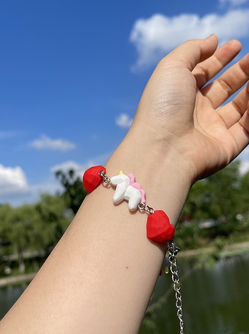 Japanese Harajuku Style Cartoon Cutting 3D Red Heart Shape Unicorn Kawaii Fashion Soft Girl Bracelet