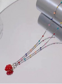 Cute Versatile Red Sweetheart Strawberry Colorful Beaded Alloy Clavicle Chain Kawaii Fashion Necklace