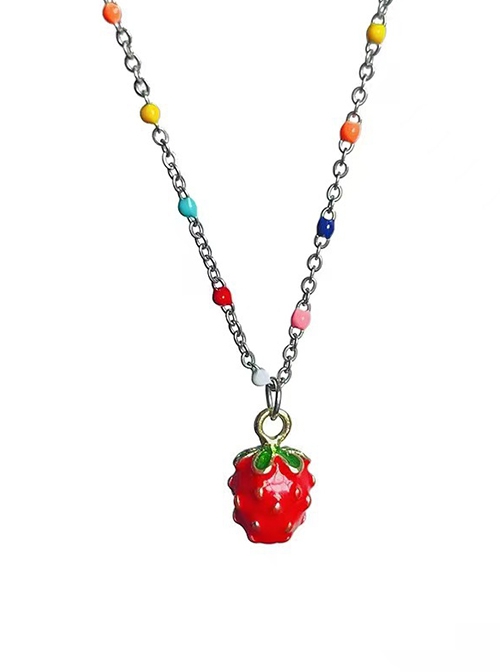 Cute Versatile Red Sweetheart Strawberry Colorful Beaded Alloy Clavicle Chain Kawaii Fashion Necklace