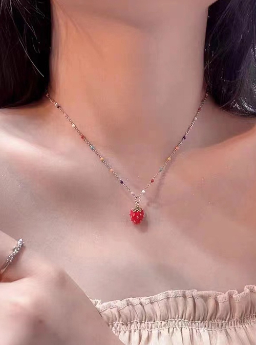 Cute Versatile Red Sweetheart Strawberry Colorful Beaded Alloy Clavicle Chain Kawaii Fashion Necklace