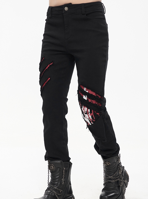 Punk Style Twill Hole Print Torn Skull Applique Pattern Decoration Black Everyday Men's Pants