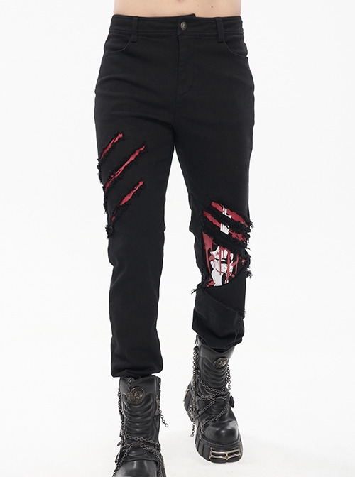 Punk Style Twill Hole Print Torn Skull Applique Pattern Decoration Black Everyday Men's Pants